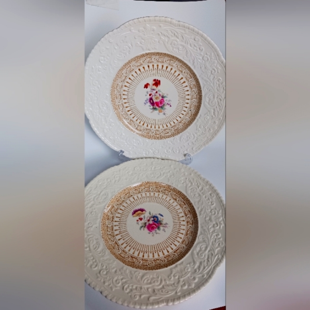 Antique Royal Cauldon Est 1774 Made in England gold Floral Dinner Plates, 2